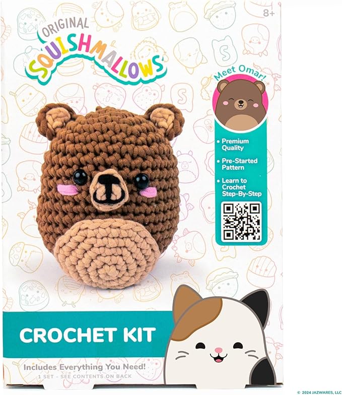 Squishmallows Original Omar The Bear Crochet Kit, Includes Yarn, Crochet Hook, Starter Hooks, Step-by-Step Tutorials, Exclusive Crochet Kit for Beginners, DIY Craft, Crochet Kits, Great Teen Gifts