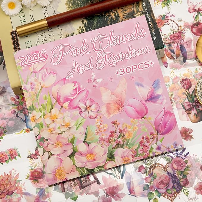 Rose Garden Series Sticker Scrapbooking Supplies for Junk Journal, 30 Sheets PET Stickers - Vintage Journaling Stickers, Ephemera Sticker Book Pre Cut(TZ-005-001)