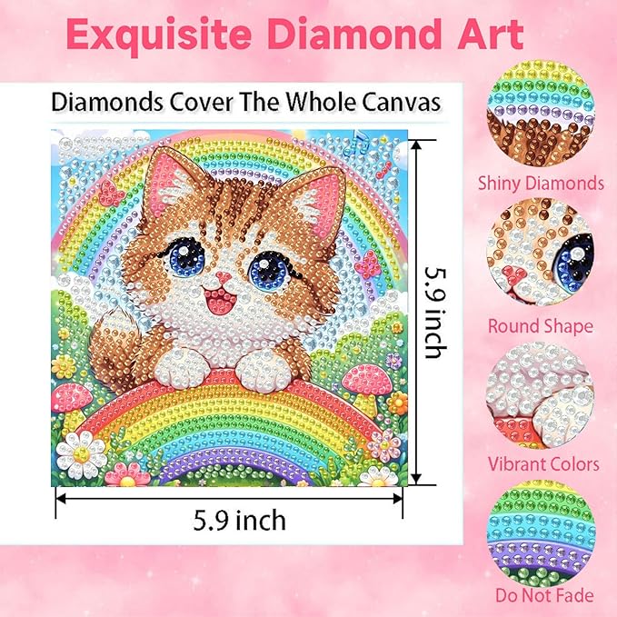 Cat Diamond Art Painting Kits for Kids with Frame, Animal Diamond Art for Kids Ages 4-8-12 with Frame, Easy Small Cute Gem Painting Kit for Gift Home Wall Decoration (7x7 inch)