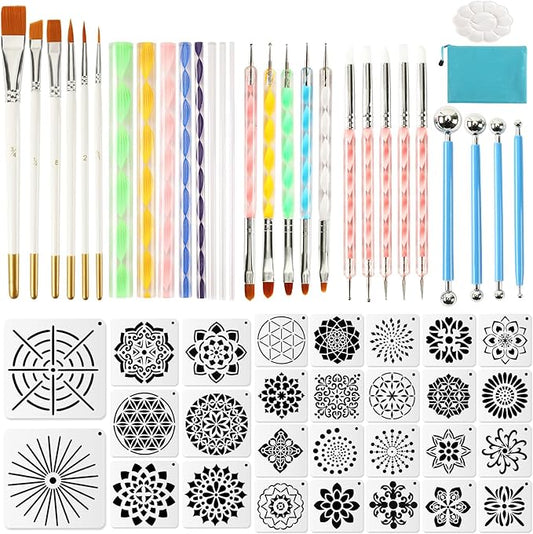 Augshy Mandala Dotting Tools Painting Kit, 58Pcs Dotting Tools for Painting DIY Rock Template Stencils Kit Brush Tray Pen Zipper Bag for Stone Canvas Mandala Arts
