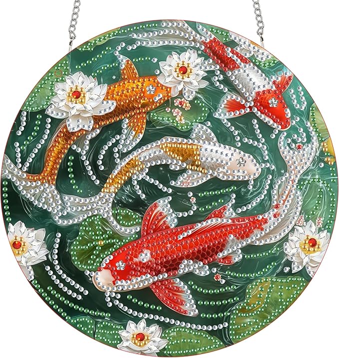 Bimkole Koi Diamond Art Hanging Kit for Adult, DIY 5D Diamond Art Goldfish Window Pendant, Acrylic Crystal Art Hanging Ornament Home Wall Garden Front Door Sign Outdoor Decor 7.8x7.8 Inch