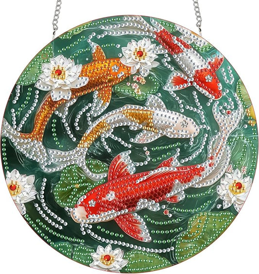 Bimkole Koi Diamond Art Hanging Kit for Adult, DIY 5D Diamond Art Goldfish Window Pendant, Acrylic Crystal Art Hanging Ornament Home Wall Garden Front Door Sign Outdoor Decor 7.8x7.8 Inch