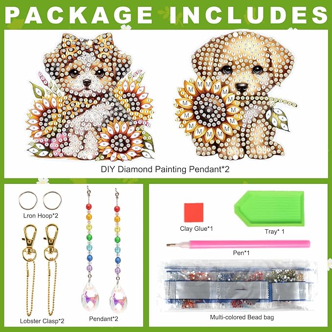 LazyFold 2 Pcs Diamond Painting Wind Chime Kits,Cute Puppy DIY Diamond Art Painting Wind Chime Kits Crystal Art Suncatchers for Adults Home Garden Window Craft Gift