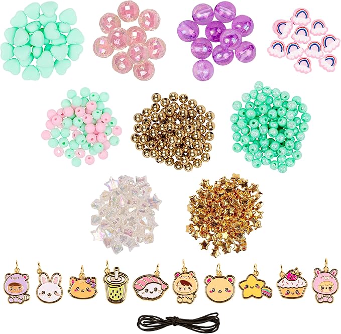 Fashion Angels Kawaii Cuties Bracelet Design Kit, Includes 10 Enamel Charms, Assorted Beads & Elastic String, Trendy DIY Jewelry Kit for Kids, Girls & Boys
