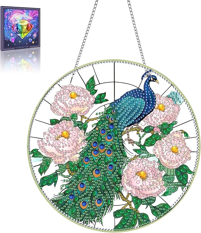 Wergund 5D DIY Peacock Diamond Art Hanging Kits, Hanging Diamond Art Bird, Acrylic Special Shaped Rhinestone, Window Hanging Pendants for Home Wall Garden Front Door Outdoor Decor Gift(Peacock)