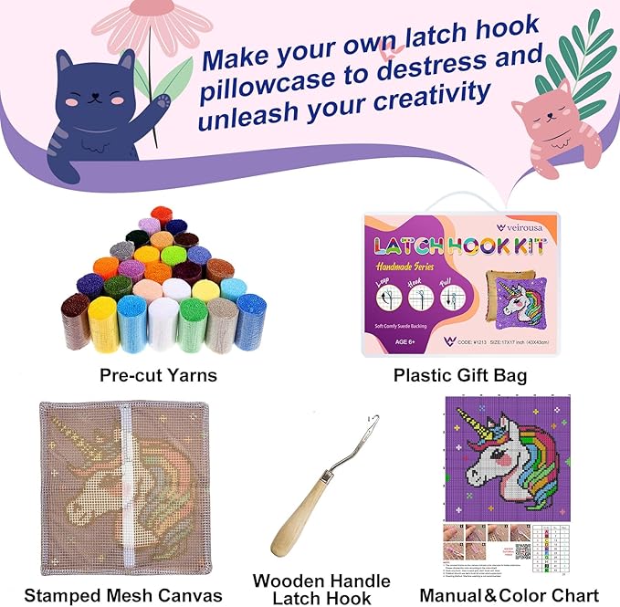 Unicorn Princess Latch Hook Kits for Adults Kids, Beginners DIY Throw Pillow Kit Pre-printed Pillowcase Hook and Latch Rug Kits Cross-stitch Cushion Cover for Home Sofa Decor Gift Idea 17x17 inch