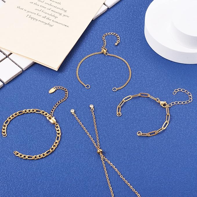 FASHEWELRY 16Pcs Stainless Steel Adjustable Slider Bracelet Adjustable Chains Extender with Cubic Zirconia Ends Golden Chain Link Bracelets with Lobster Clasp for Jewelry Making