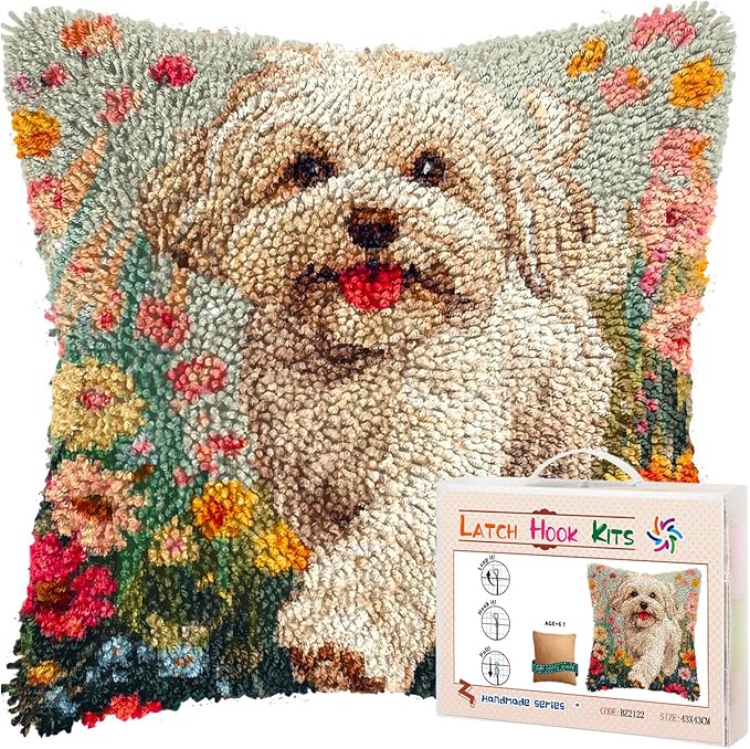 DIY Latch Hook Pillow Kits for Adults Happy Havanese Dog Running in Flowers Printed Pillowcase Crochet Yarns Hooking Handmade Pillow Cover Cushion for Home Sofa Decor 17x17inch(3)