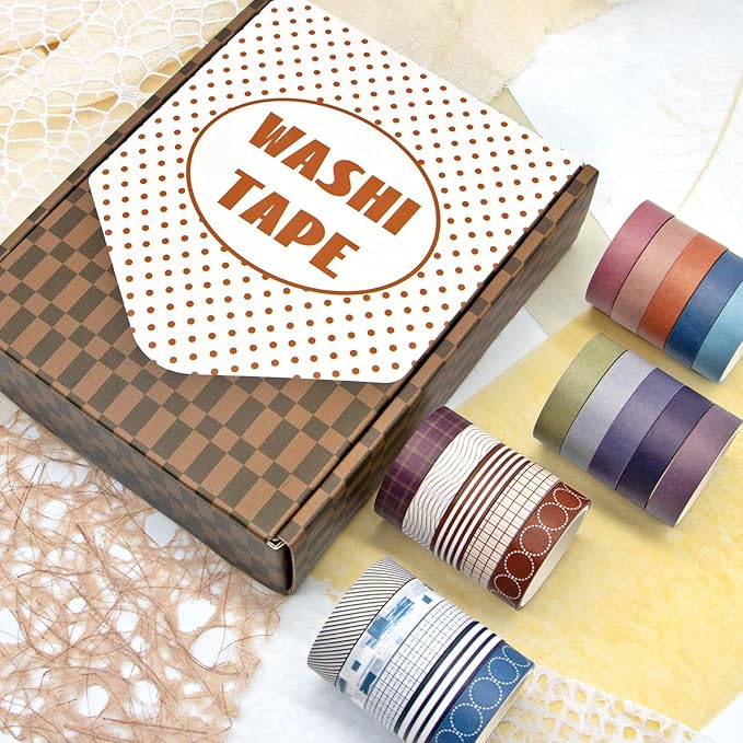 44 Rolls Washi Tape Set, 10 mm and 15 mm Wide Grid Colored Masking Tape for Scrapbooking Supplies, DIY Crafts, Journal Supplies, Planner, Junk Journal (Minimalist)