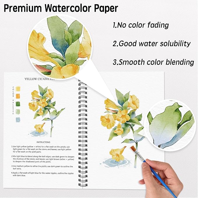 SLWBZ Watercolor Workbook Pink Flowers, 15 Different Patterns of Original DIY Designs, 16 Color Watercolor Paint Plates with Palette and Brush, Beginner-Friendly Watercolor Workbooks, Pink Hydrangea