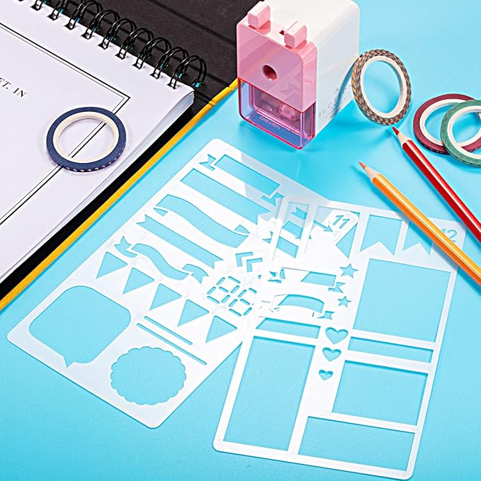 Honoson 48 Pack Scrapbooking Supplies Kit Scrapbook Tools and Supplies Journal Stencil Washi Tape and Journal Planner Pen for Notebook Diary DIY Plastic Drawing Template