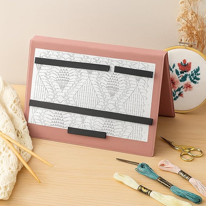Flutesan 1 Pcs Pink Knitting Pattern Holder, Fold up Cross Stitch Knitting Chart Keeper with 4 Pcs Replacement Magnets, Cross Stitch Accessories Supplies, Unfolded Size 13.2 x 9 Inch
