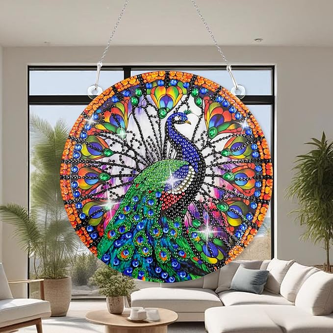 Diamond Art Hanging Kit for Adult, Painting Ornament Kit, Special Shaped Rhinestone,DIY Acrylic 5D Diamond Art Window Pendants Home Garden Wall Hanging Kits,Double Sided (Peacock)