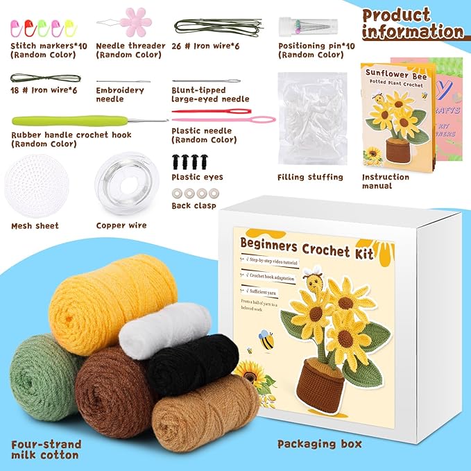LUNARM Crochet Kit for Beginners, Sunflower Beginners Crochet Kit for Adults, Learn Starters Kit with Video Tutorial, Knitting Yarn, Hook DIY Craft Home Deco, Holiday Birthday Gift