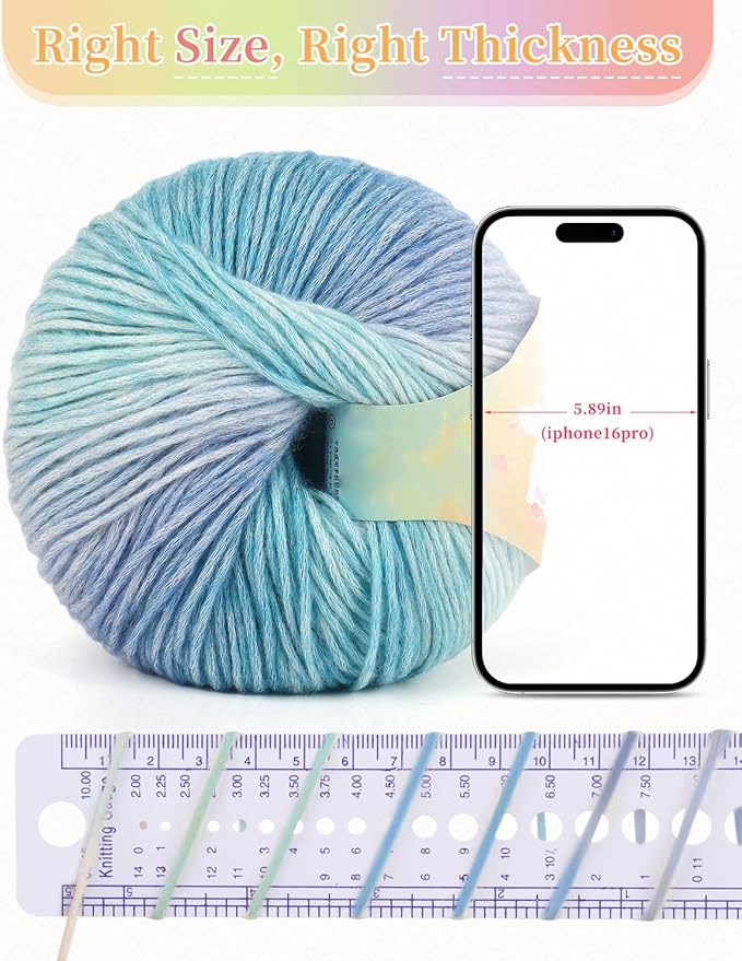 Coopay Yarn for Crocheting Knitting, Gradient Cake Yarns, 2 × 3.53oz - 240yds - 50% Cotton 50% Acrylic Ombre Yarns, Crochet Yarn for Blankets, Shawls, Scarves (104 Blue Light)