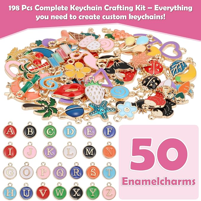 selizo 198Pcs Charms Lip Gloss Keychain Making Kit, DIY Craft Supplies with Charms, Key Chain Hooks, Jump Rings, Lobster Clasps, Chains & Tools, Jewelry Making Kit for Custom Keychains, Bags, Gifts