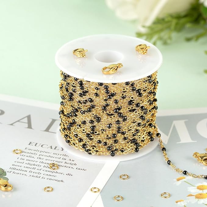 KYUNHOO 16.4 Feet Gold Plated Chain for Jewelry Making Solid Stainless Steel Cable Chain Black Beaded Jewelry Chain Roll with Lobster Clasps Jump Rings