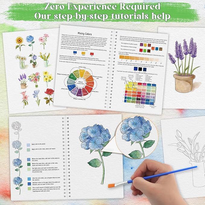 Beginners Watercolor Workbook for Adults -Step-by-Step Coloring Book Set-12 coloring book pages - Includes 16 color blocks and a brush - Professional Watercolor Paper: 300gsm/140lb (Flowers)