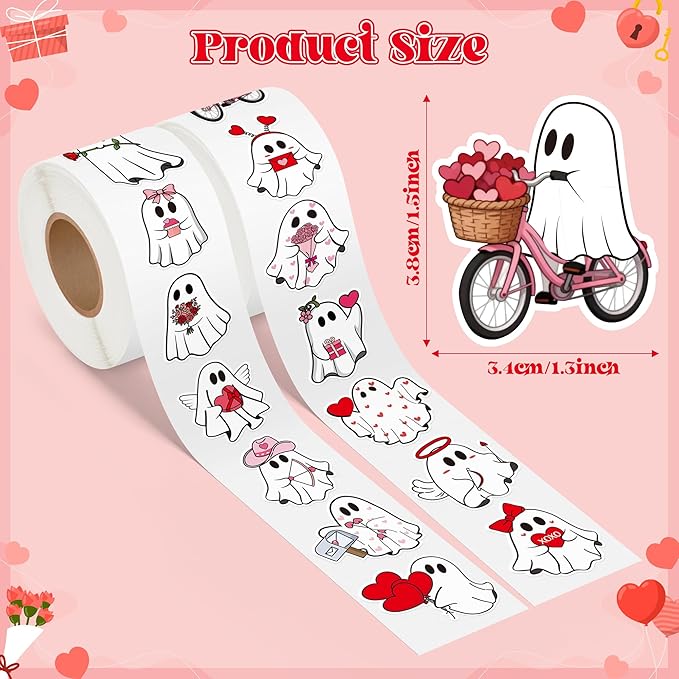 h1vojoxo valentine's day sticker rolls - 1000pcs valentine’s day ghost stickers 16 designs pink red cute ghost label tag seal stickers for kids craft envelope water bottle valentines party supplies