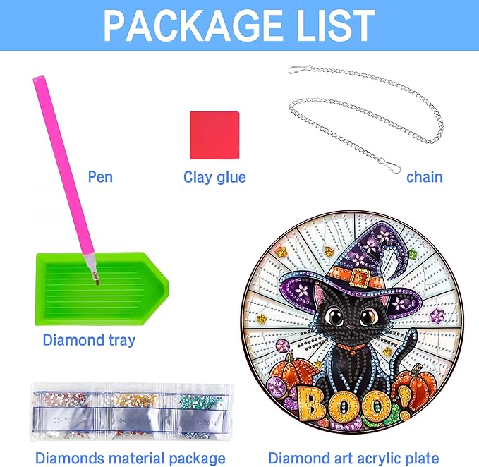 VAIIEYO Halloween Diamond Art Hanging Ornament, Black Cat Diamond Painting Suncatchers Window Hanging Kit with Chain, 7.5x7.5 inch Crystal Pendant Art Craft for Gift Home Wall Front Door Decoration