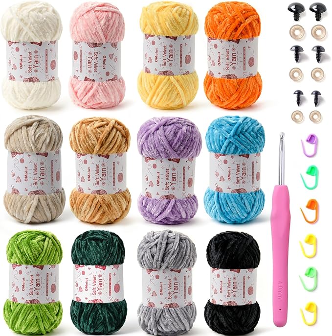 12 Pack Chenille Chunky Yarn - Baby Yarn for Crocheting Soft - Yellow Green Blue Purple Gray White Black Velvet Yarn Crochet Blanket - Amigurumi Yarn Pack with Crochet Accessories E