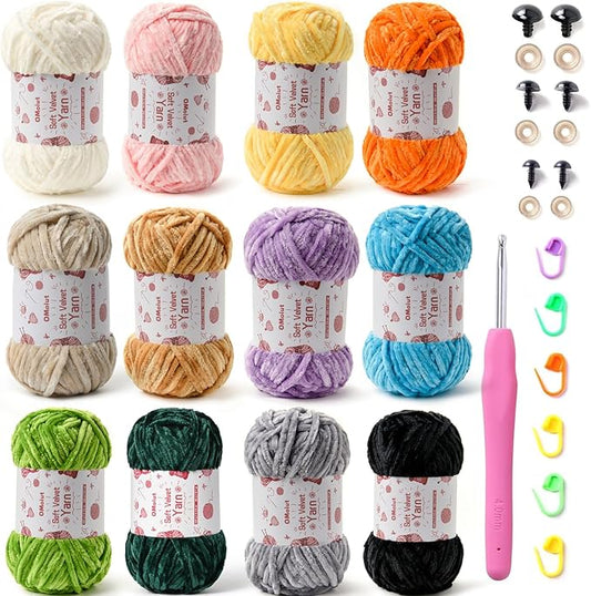 12 Pack Chenille Chunky Yarn - Baby Yarn for Crocheting Soft - Yellow Green Blue Purple Gray White Black Velvet Yarn Crochet Blanket - Amigurumi Yarn Pack with Crochet Accessories E