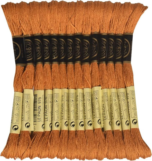 LE PAON Embroidery Floss, 14-Pack Six Strands 100% Long Staple Cotton Embroidery Thread, 8.7-Yard，Color Number：976, Medium Golden Brown