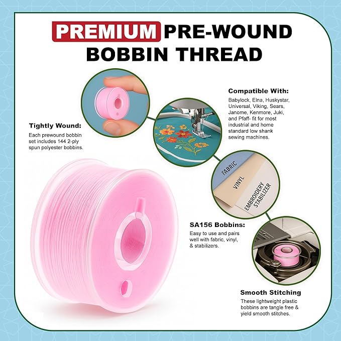 Mandala Crafts 144 Pink SA156 Prewound Bobbins for Singer Sewing Machine -15J SA156 Prefilled Bobbin Thread for Brother Sewing Machine and Embroidery