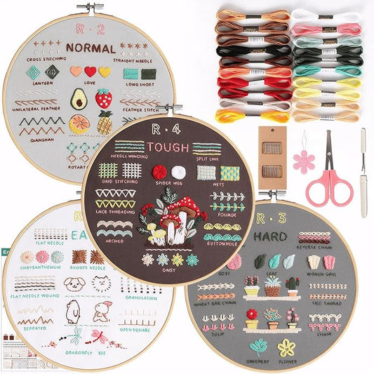 Lecqizu Embroidery Kit for Adults, Beginner DIY Starter Set, 4 Pack, 33 Stitch Techniques