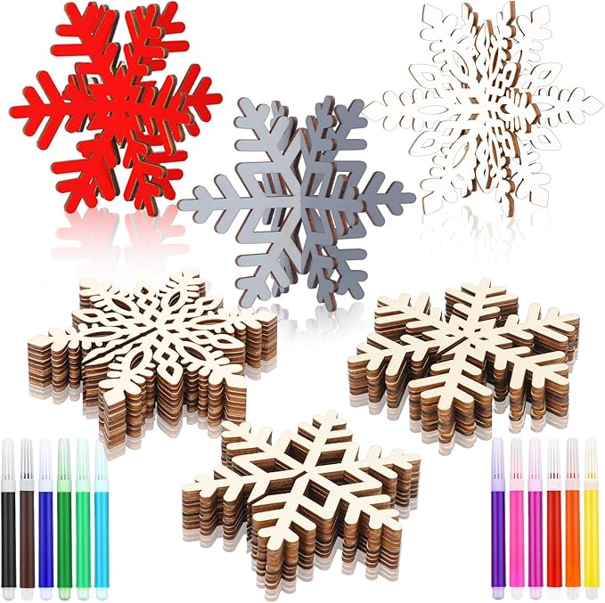 Blosssound 48 Pcs Winter Crafts Set 36 Pcs 3D Wood Snowflake Cutouts Wooden Unfinished Snowflake Slices to Paint with 12 Colored Marker for Winter Wonderland Decoration Christmas DIY Handmade Project