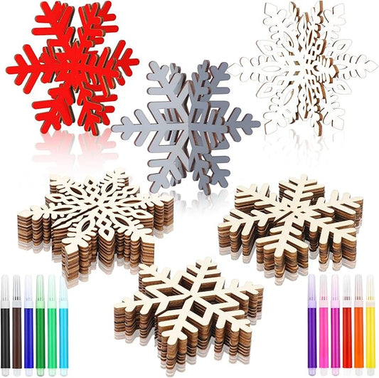 Blosssound 48 Pcs Winter Crafts Set 36 Pcs 3D Wood Snowflake Cutouts Wooden Unfinished Snowflake Slices to Paint with 12 Colored Marker for Winter Wonderland Decoration Christmas DIY Handmade Project