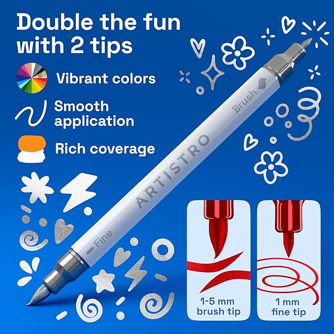 ARTISTRO 24 Metallic Acrylic Paint Markers - Paint Pens for Drawing, Brush + Fine Tips - For Fabric, Rock, Glass, Wood, Eggs - Art & Craft Supplies for Adults, Teens, Kids - Easter Basket Stuffers