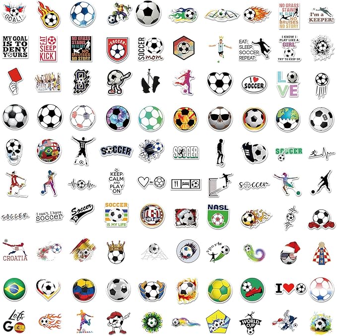 100pcs soccer stickers for scrapbooking, vinyl waterproof stickers for water bottles, soccer team gifts for kids teens, christmas stocking stuffers for kids boys girls