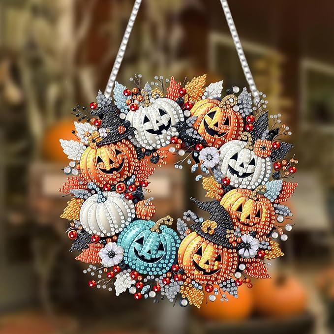 RYMILIE Diamond Art Hanging Kit for Adult,Special Shaped Rhinestone,Double Sided 5D DIY Acrylic Diamond Art Painting Window Pendants Home Garden Wall Hanging Kits Hanging Ornament (Halloween Pumpkin)