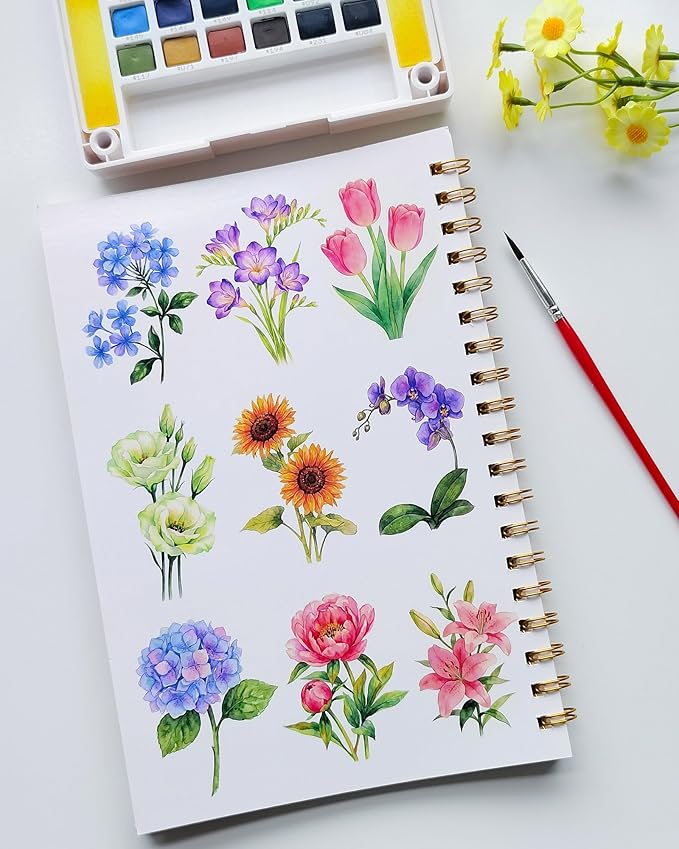 Watercolor Workbook,Water Coloring Book for Adult & Teens Beginners,15 Beautiful Flowers Designs 300gsm Cold Press Cotton Watercolor Paper,Perfect Gifts to Spark Creativity Stress Relief(10.2" x 6.9")