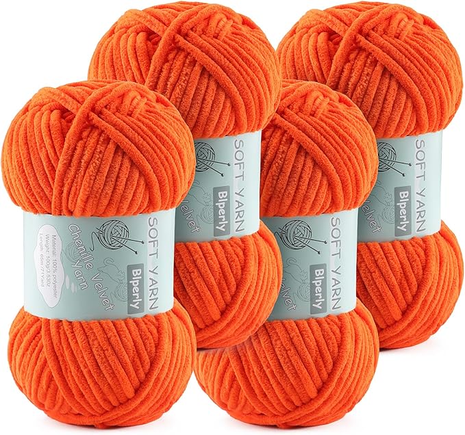 Chunky Chenille Yarn Velvet Soft Super Bulky Size 6 for Crocheting Knitting, Baby Blanket Yarn, 100g 71 Yds per Skein, Easy to Use for Scarves, Amigurumi, Crafts (4, Tangerine)