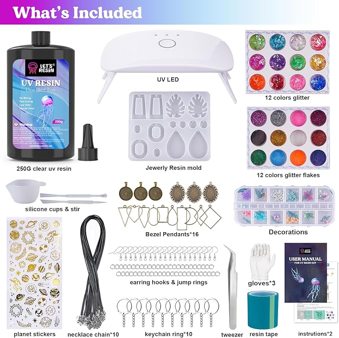 LET'S RESIN UV Resin Jewelry Making Kit - 153Pcs Crystal Clear 250g UV Resin Kit with Light, UV Resin Molds, Resin Starter Kit for Beginners, Keychain&Earring Making, Craft Decor