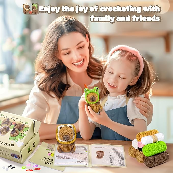 Capybara Crochet Kit for Beginners, 2PCS Capybara with Frog and Bread Hats Crochet Animal Kit with Step-by-Step Video Tutorials, Starters Crocheting Kits for Adult, Animals Knitting Kit for Birthday