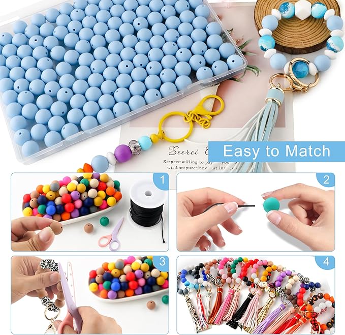 150Pcs 15mm Silicone Beads for Keychain Making Bracelet Necklace, Bulk Round Silicone Beads for Pens（Pastel Blue）