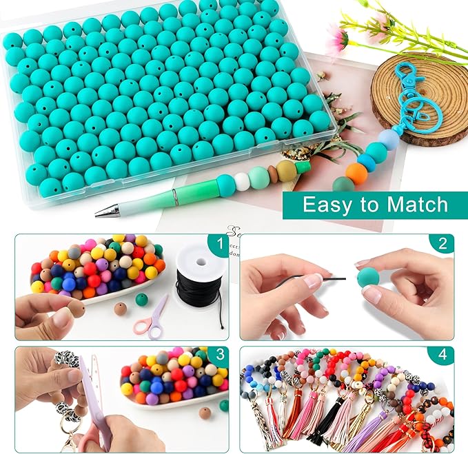 150Pcs 15mm Silicone Beads for Keychain Making Bracelet Necklace, Bulk Round Silicone Beads for Pens(Turquoise)