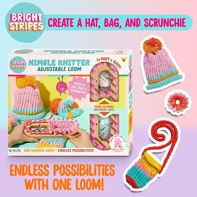 Bright Stripes Nimble Knitter Kit| 4-in-1 Adjustable Bamboo Loom with Chunky Yarn & Guide| DIY Craft Set to Make Scrunchies, Hats, Bags & More| Great for All Ages