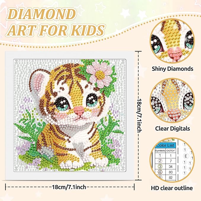 SENQAO Tiger Diamond Art Kit for Adults with Frame Art and Crafts for Adults Ages 6-8 -10-12 Easy to DIY Diamond Art for Adults and Adult Beginners Home Wall Decoration 7.1x7.1inch