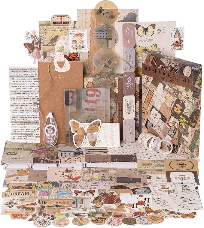 joychoic vintage scrapbooking supplies aesthetic journaling kit, scrapbook large collection for bullet junk journal, arts craft collage, beginners, ephemera