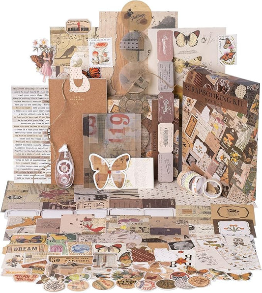 joychoic vintage scrapbooking supplies aesthetic journaling kit, scrapbook large collection for bullet junk journal, arts craft collage, beginners, ephemera