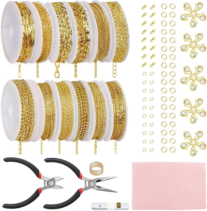 Fesorsi Gold Chain for Jewelry Making, 95ft 12 Style Steel Jewelry Chain, Electroplating Process, for DIY Necklace Chains, Tassel Pendants, with Jump Ring, Lobster Clasp, Pliers
