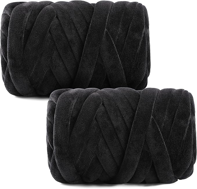 Chunky Yarn for Hand Knitting & Arm Knitting - 2-Pack Value Bundle (1.32lb Total) of Super Bulky Velvet Chenille Tube Yarn for Larger DIY Projects | No-Tool, Machine Washable, Black