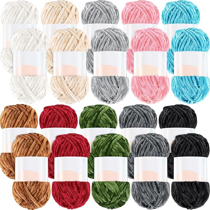 Woanger 20 Skeins Soft Chenille Yarn Velvet Blanket Yarn for Crocheting Hand Knitting Weaving DIY Craft, 10 Colors, 93 Yards Each (Classic Color)