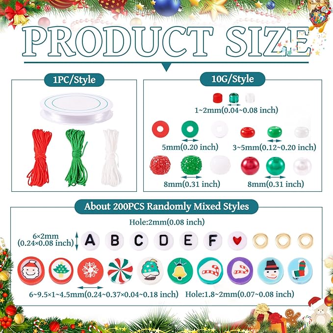 FASHEWELRY Christmas Beads Bracelet Making Kit, 18 Style Christmas Crystal Beads Red Green Clay Beads Acrylic Pony Beads Letter Beads with Elastic Cord for Xmas Jewelry Making Supplies