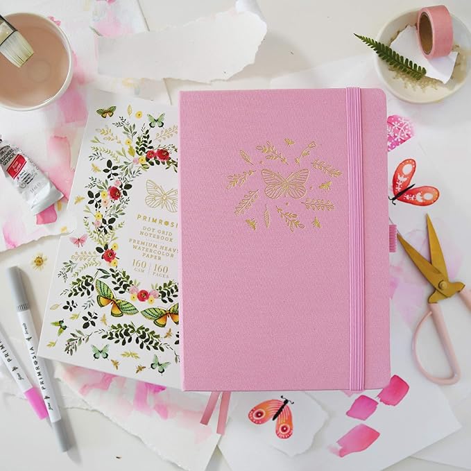 Primrosia A5 Dot Grid Watercolor Journal Notebook – 160 pages I 160gsm Premium Heavy Paper, No Bleed – Luxe Linen Hard Cover with Cute Deer Slip Cover (Pink Butterfly, 1)