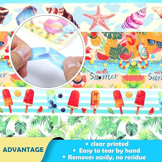 Summer Washi Tape Set,12 Rolls Hawaii Beach Holiday Decorative Tape Flamingo Tropical Leaves Coconut Watermelon Pineapple Masking Tape for Journaling Supplies, Gift Wrapping, DIY Art&Crafts